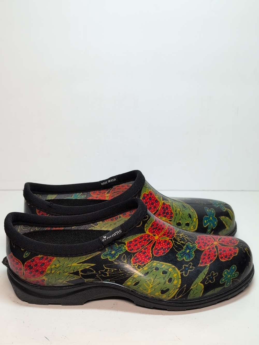 SLOGGERS midsummer black floral waterproof Garden shoes women's size 9